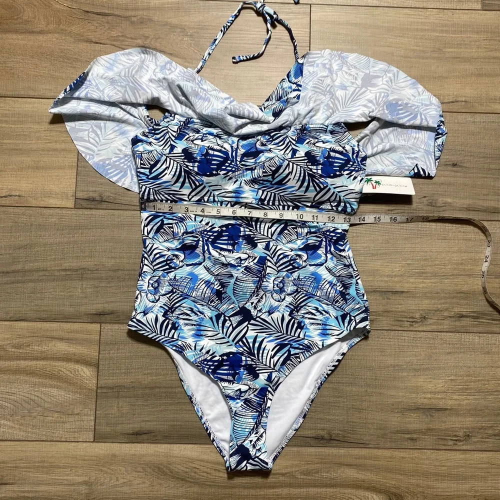 Stylish Swimwear Womens One Piece Floral Ruffle Halter Swimsuit Size‎ L Blue
